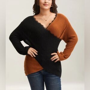 BloomChic Colorblock Contrast Pointelle Knit Lace Crisscross Knit Top